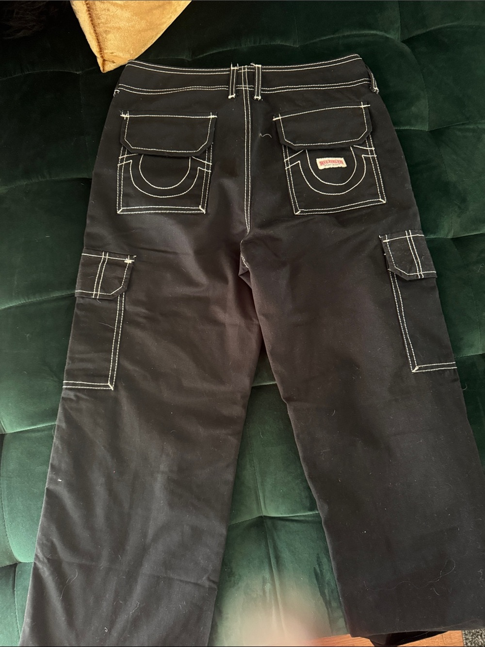 True Religion Black Wide-Leg Cargo Pants with White Stitching